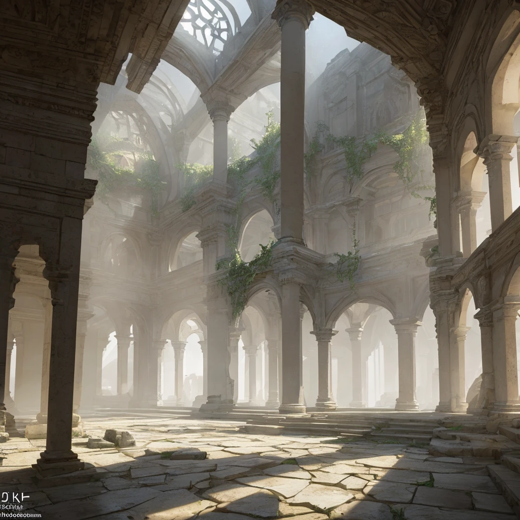 a fantasy abandoned temple interior, detailed architecture, dilapidated building, crumbling walls, worn stone floors, intricate carvings, overgrown vines, shafts of light streaming through windows, mystical atmosphere, cinematic lighting, dramatic shadows, muted color palette, (best quality,4k,8k,highres,masterpiece:1.2),ultra-detailed,(realistic,photorealistic,photo-realistic:1.37),3d render,highly detailed,volumetric lighting,intricate details,epic scale