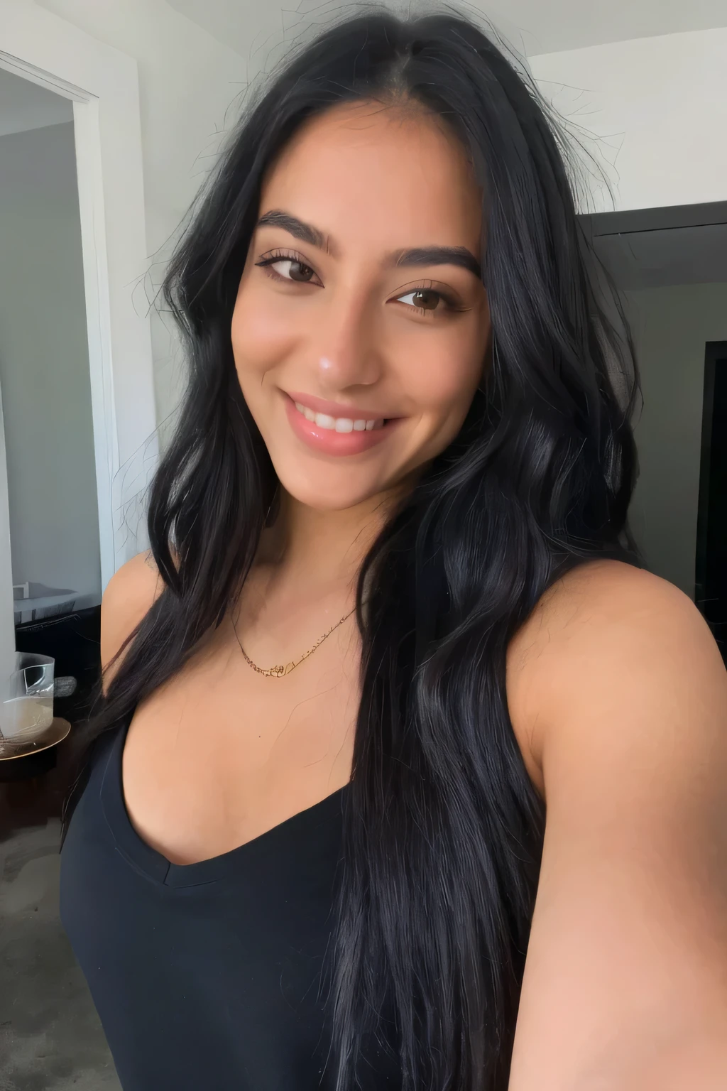 Beautiful girl , taking Selfie, long wavy light black Hairs, Posing beautifully, Smiling at us, Black Eyes, 4k Natural , Hyper Detailed, Black casual Dress, Hyper Realism, Ultra high Resolution, UHD, Perfect eyes, perfect teeth