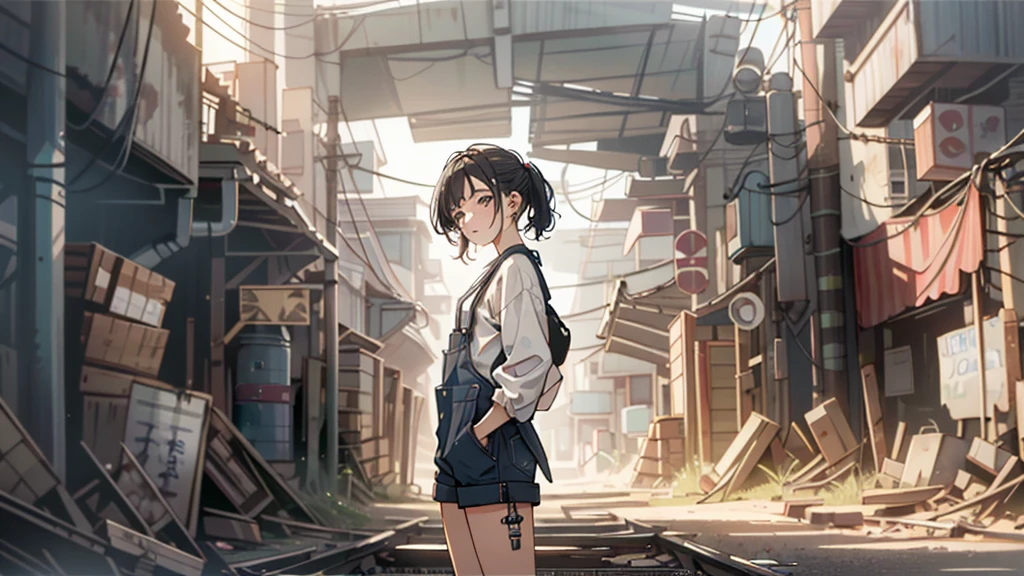 A stunning young woman is depicted in this artwork. Her image is rendered with exquisite detail in high resolution, creating a work of art that is a true masterpiece. The artist has captured her essence with remarkable precision, from the intricate features of her face to the texture of her skin.
The woman's appearance is marked by a sense of grunge fashion, with her hands in her pockets. She is dressed in a blouse and mini shorts, adding to the overall aesthetic of the piece. Her dark hair is tousled and unkempt, contrasting with her fair complexion.
The setting of the artwork is an abandoned futuristic building, providing a unique backdrop for the subject. The perspective is rendered from a high angle, allowing for a wide field of view. The use of hyperrealistic techniques and digital painting techniques enhances the sense of depth and realism in the artwork.