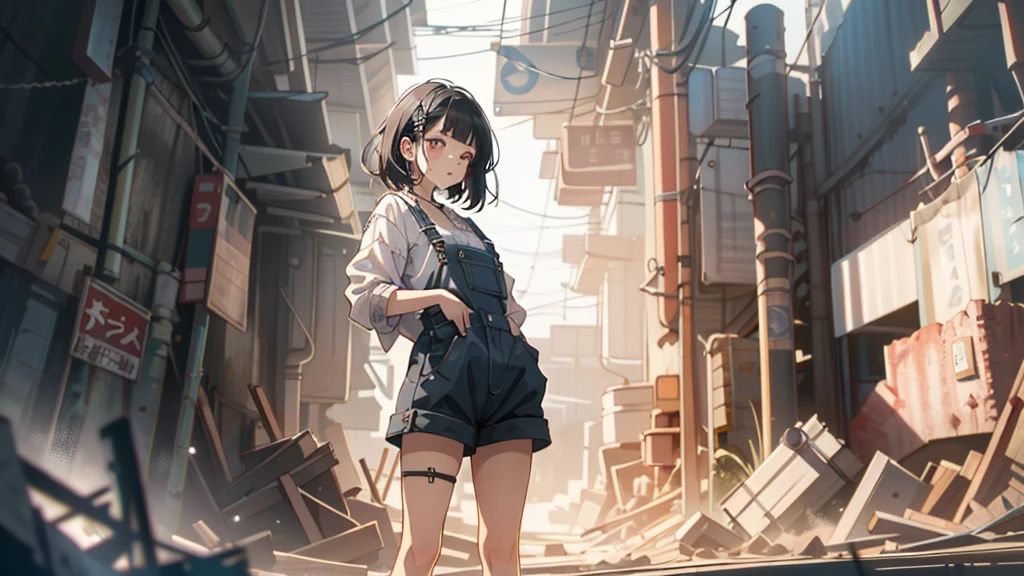 A stunning young woman is depicted in this artwork. Her image is rendered with exquisite detail in high resolution, creating a work of art that is a true masterpiece. The artist has captured her essence with remarkable precision, from the intricate features of her face to the texture of her skin.
The woman's appearance is marked by a sense of grunge fashion, with her hands in her pockets. She is dressed in a blouse and mini shorts, adding to the overall aesthetic of the piece. Her dark hair is tousled and unkempt, contrasting with her fair complexion.
The setting of the artwork is an abandoned futuristic building, providing a unique backdrop for the subject. The perspective is rendered from a high angle, allowing for a wide field of view. The use of hyperrealistic techniques and digital painting techniques enhances the sense of depth and realism in the artwork.