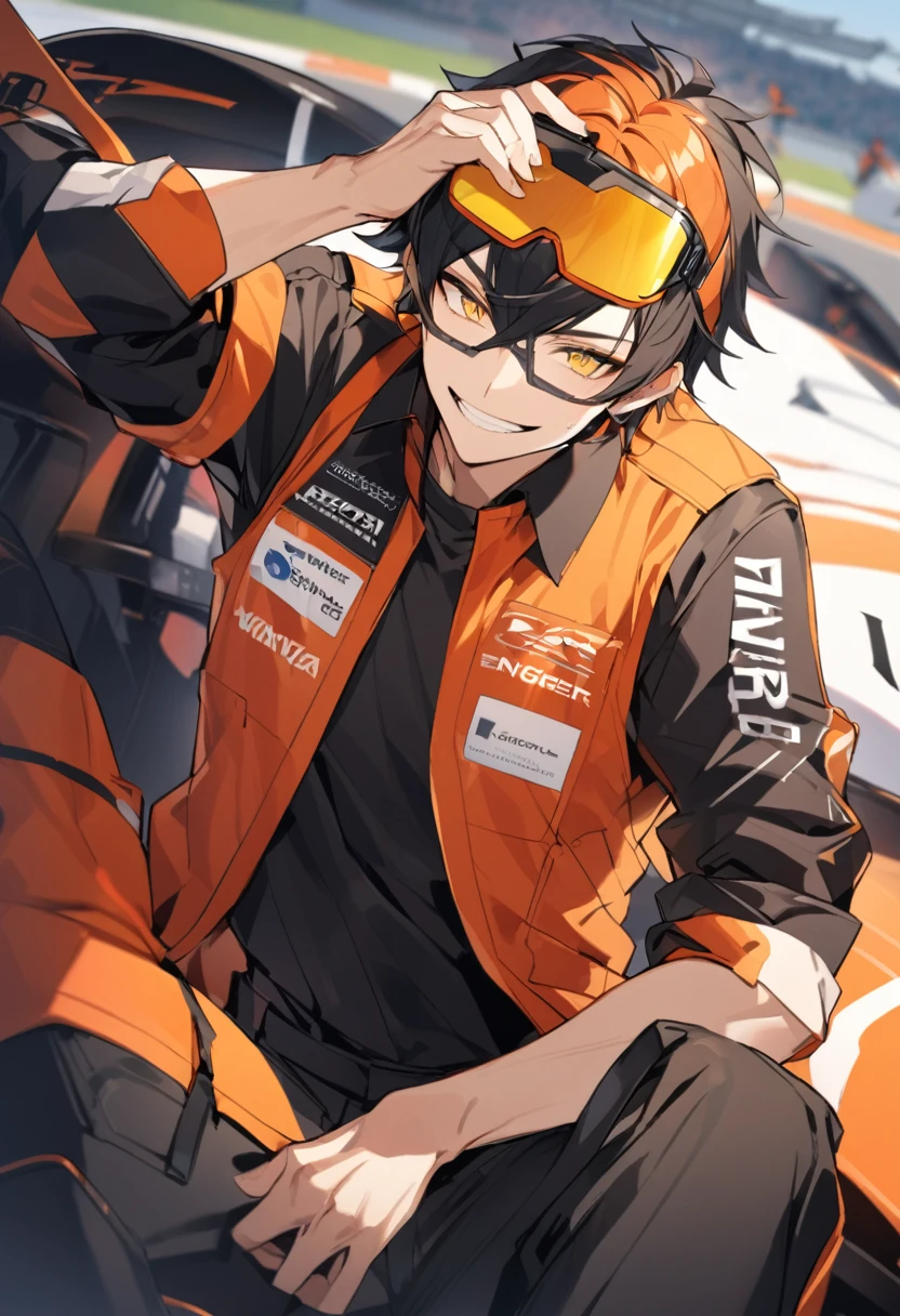Solo, 1 male, black hair, orange highlights hairs, yellow eyes, safety glasses on the head, race engineer, black shirt, red coat, black pants, smile facial