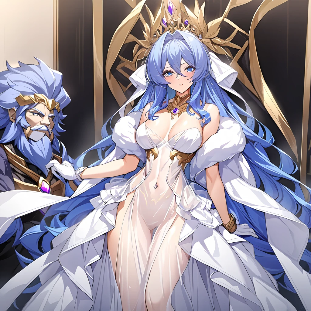 ((Highest quality)), ((masterpiece)), (detailed), (Perfect Face)、The woman is wearing only a pure white see-through cloth with gold embroidery and trim, and her naked body is visible through it. All of her clothes are pure white and see-through, making her the image of a beautiful goddess.、Women are gods who became part of the Greek goddesses々The wife of Zeus, the king of the gods, the goddess Hera Extella、The woman is the beautiful queen of the one and only god, Zeus, the goddess Hera Axtia. She has medium-long blue hair, an engagement ring, and is wearing only a see-through feather robe and luxurious accessories. She is an elegant goddess and a beautiful queen of the gods.