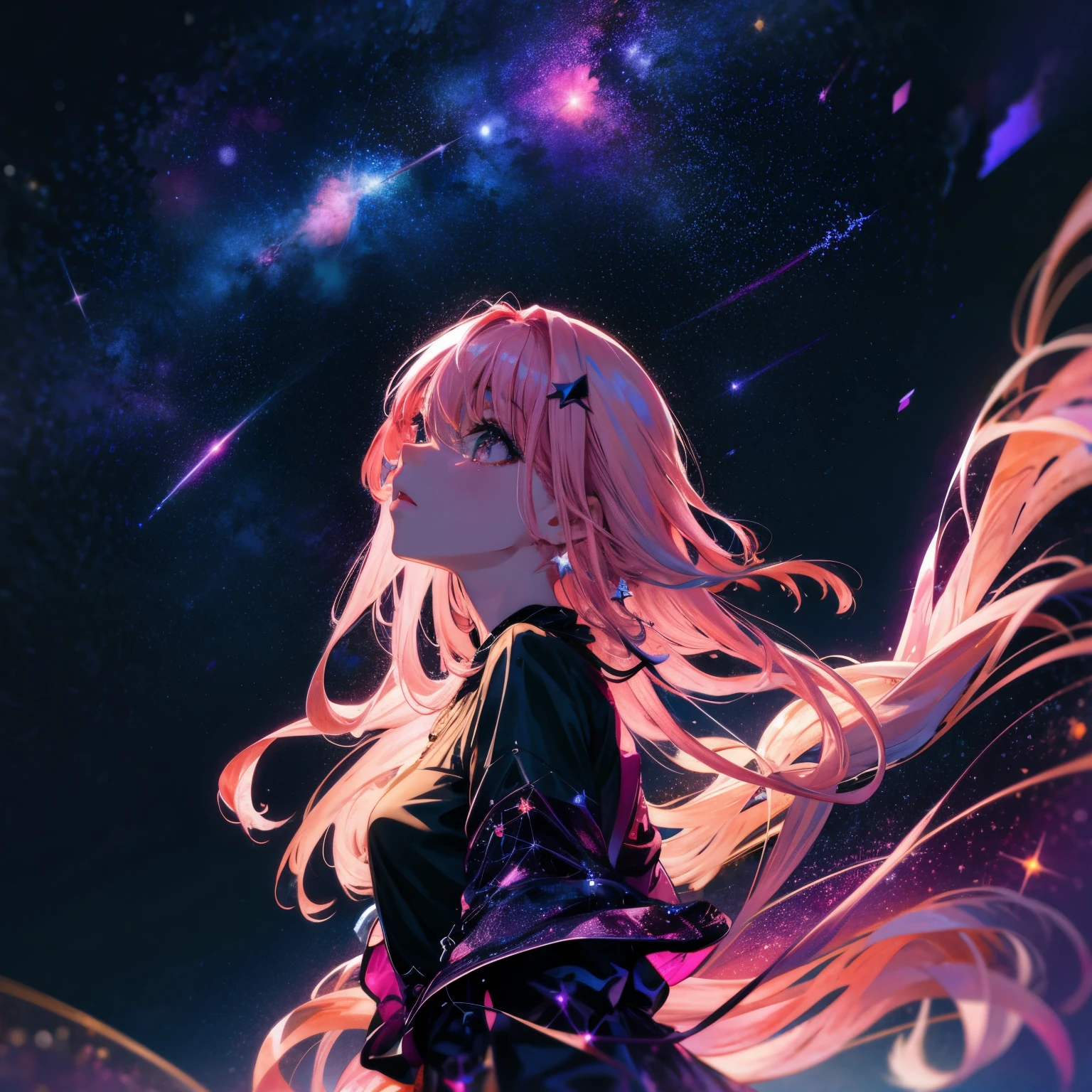 Young woman, pink hair, night sky background, starfall background, stars background, Bottom view.

