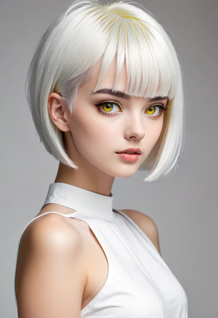 Girl with white short hair. The sides are shaved and the bangs are combed back. She has yellow eyes and a beautiful face and a tall. She's 20