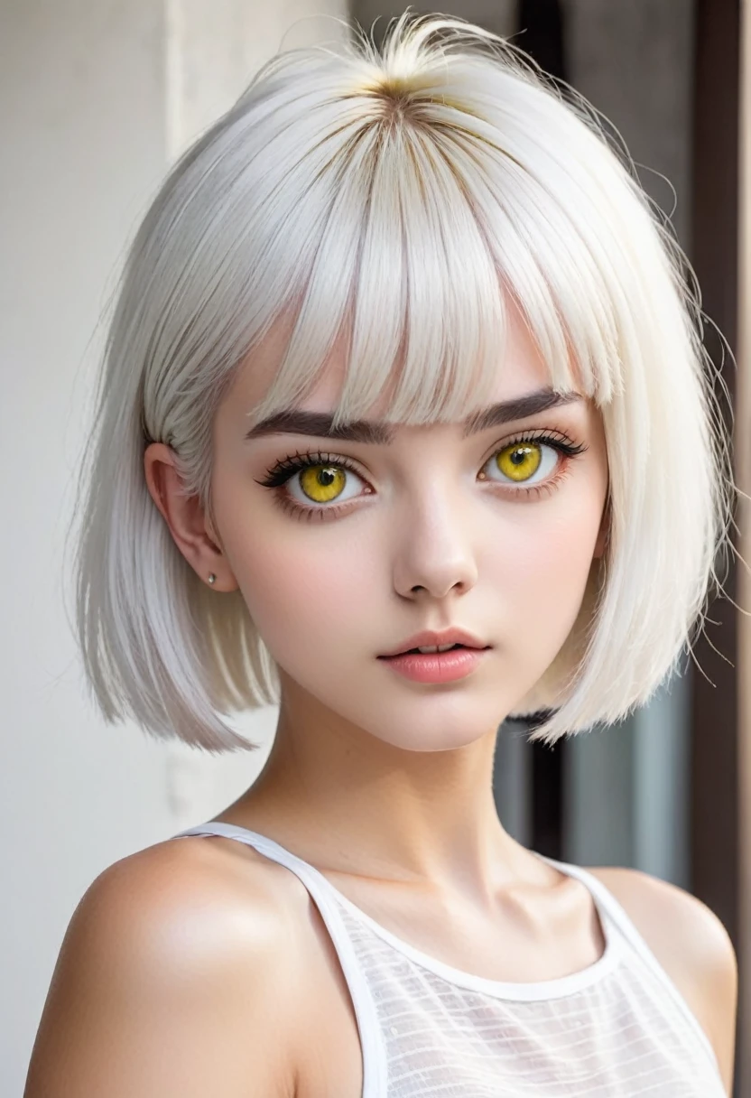 Girl with white short hair. The sides are shaved and the bangs are combed back. She has yellow eyes and a beautiful face and a tall. She's 20