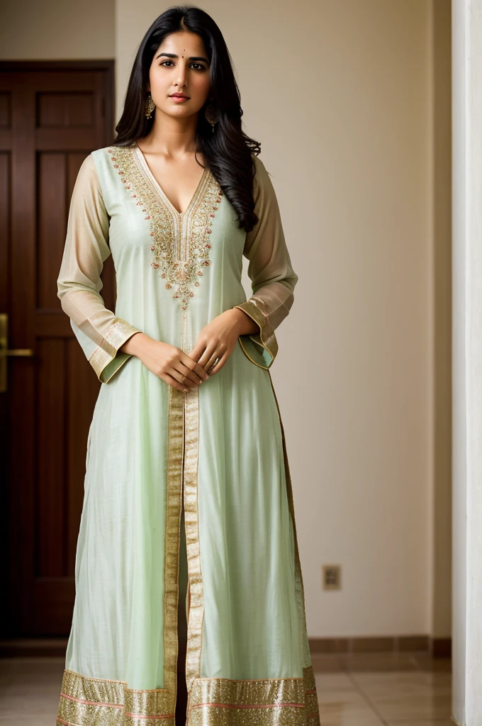 There a woman isma young beautiful Indian woman Wearing salwar kameez and dupatta, face features like Katrina Kaif, Standing looking into the camera, portrait causal photo,... ealism, Realism, Portrait