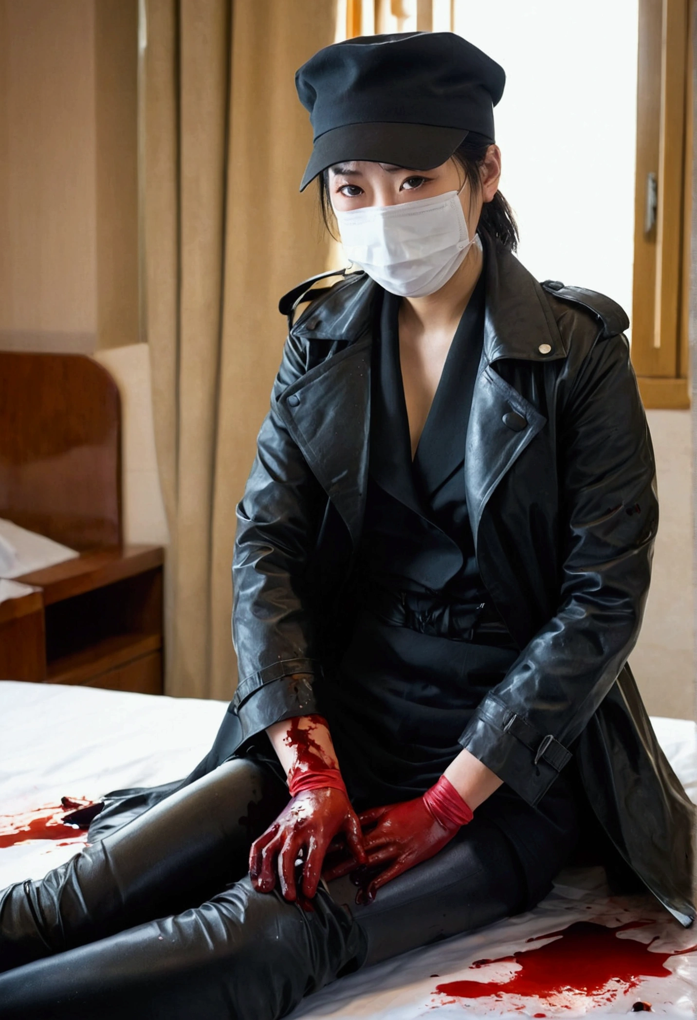 korean girl, (behind corpse, surgical mask), holding knife, stabbing, leather gloves, woman on top, room full of blood, black trench coat, trucker hat, holding knife, black wet suit, leather gloves, behind corpse, blood splatter, short hair, night, mass murderer, robbery, in the hotel, light from the window
