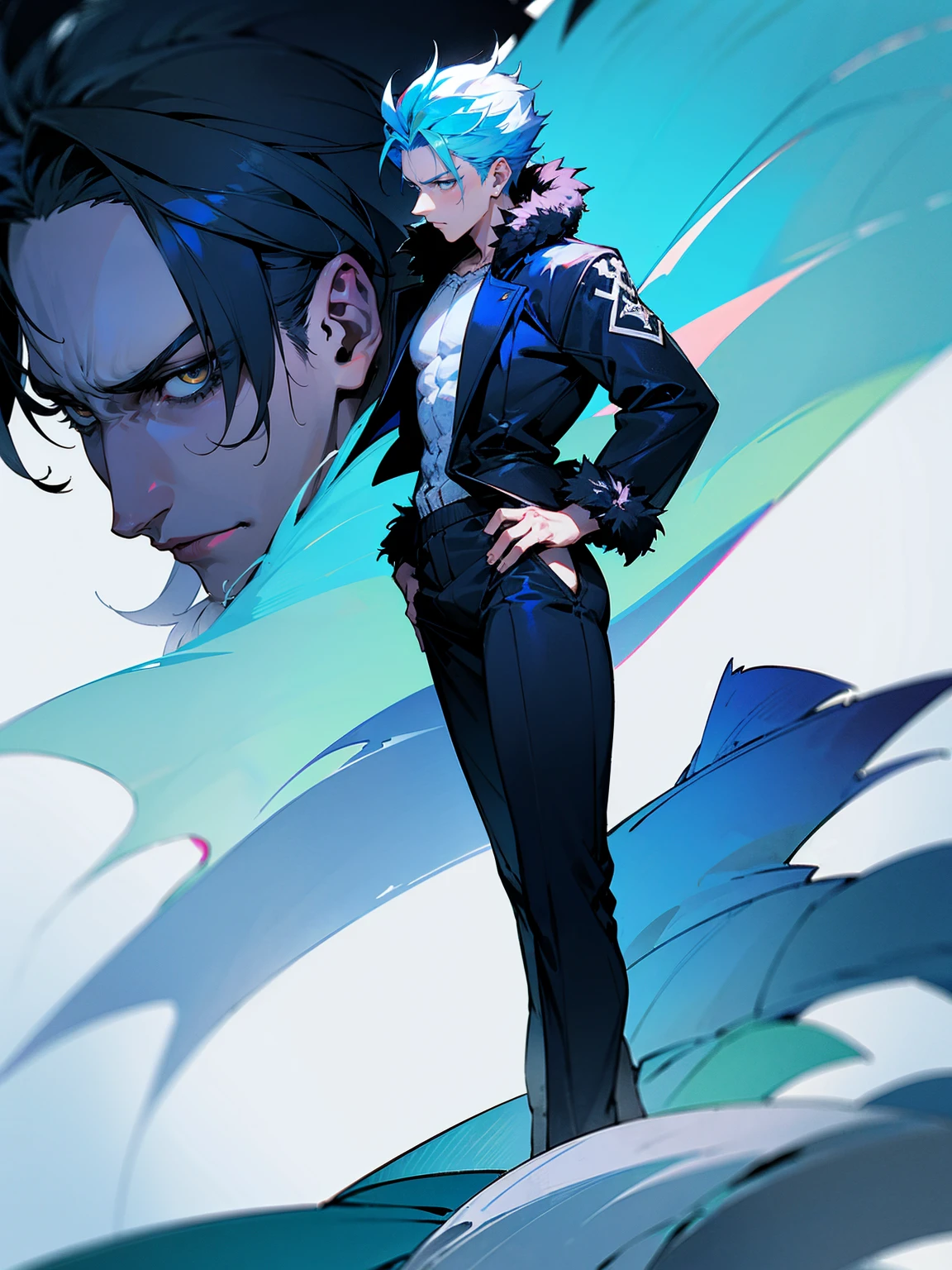 1male, adult, sky blue hair, Vergil hair, fur coat, black sweatpants, tired expression, lean build