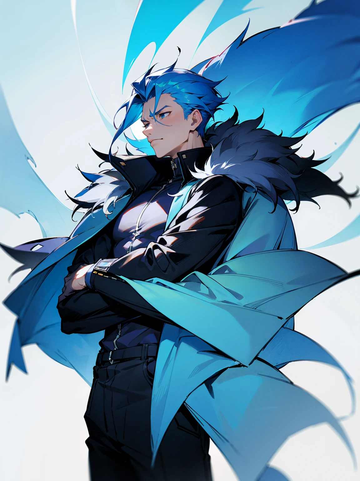 1male, adult, sky blue hair, Vergil hair, fur coat, black sweatpants, tired expression, lean build