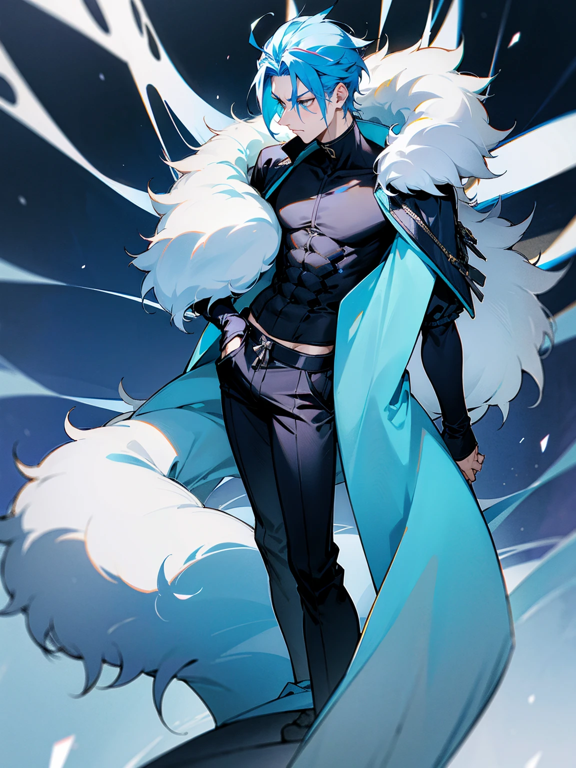 1male, adult, sky blue hair, Vergil hair, fur coat, black sweatpants, tired expression, lean build