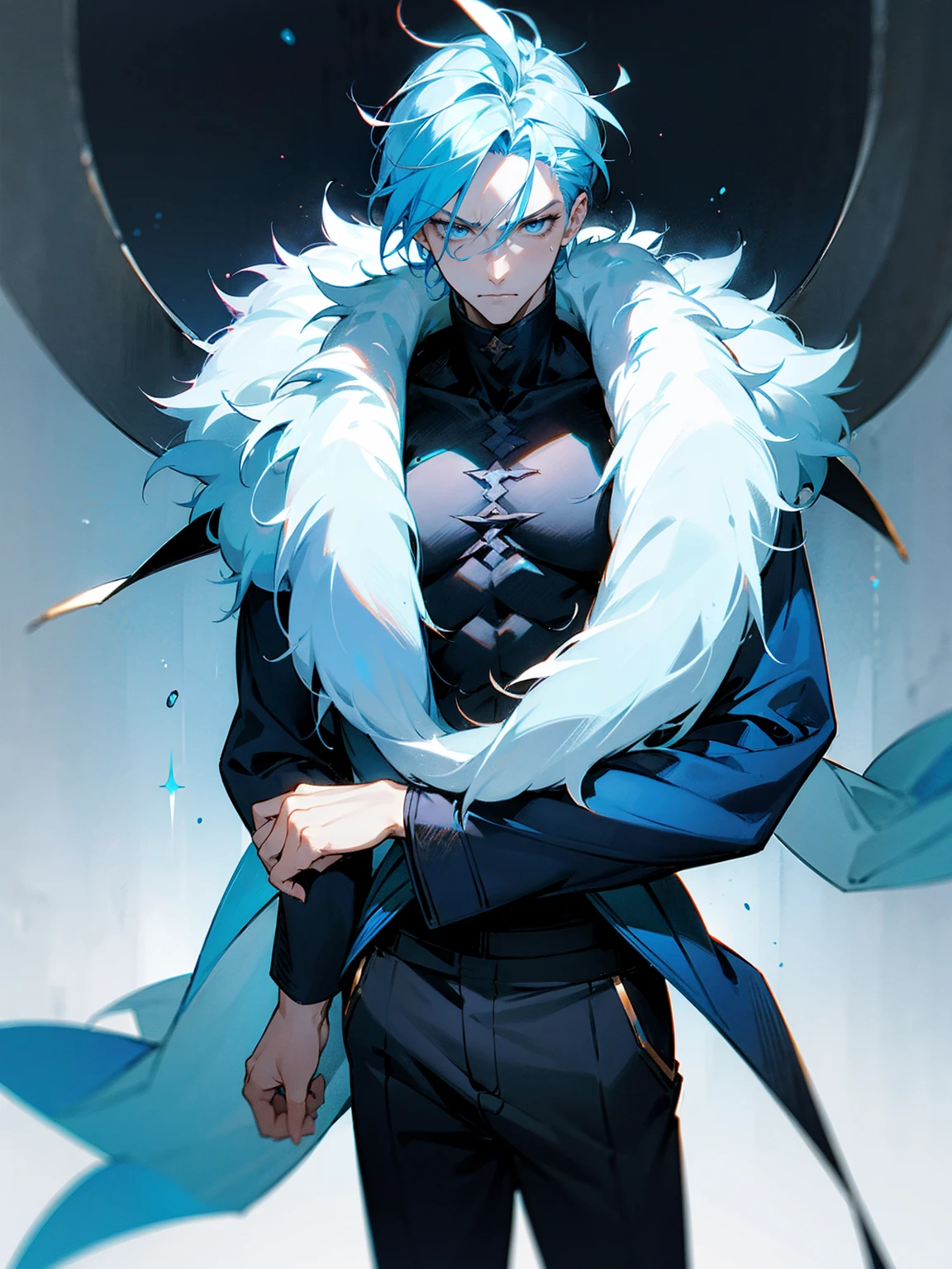 1male, adult, sky blue hair, Vergil hair, fur coat, black sweatpants, tired expression, lean build