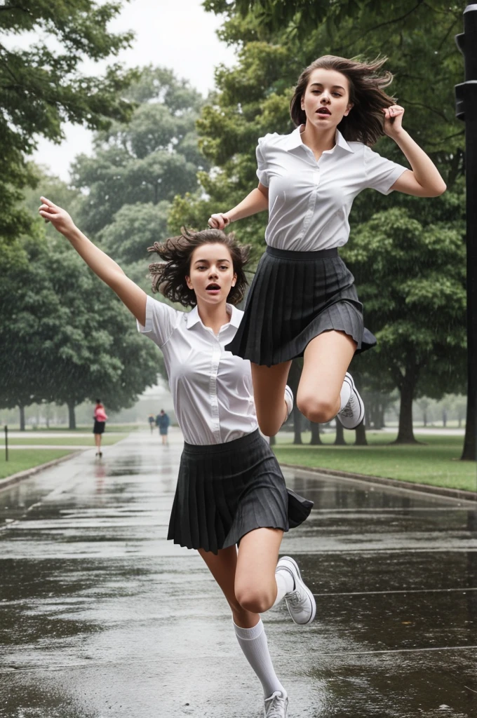 Photo of a pretty 18-year-old Caucasian woman in a park. She is running through wind and rain. She has short dark hair in a bob. She is wearing a white fitted shirt, a dark-grey tie, a short dark-grey pleated skirt, and long plain white knee-socks.