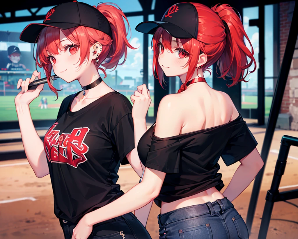 (Close-up:1.3),Realistic,Highest quality, Ultra Detail, High-quality CG rendering, The most delicate and beautiful, Floating softly, High resolution, (1 girl), (Highest quality,4K,8k,masterpiece:1.2),(All red hair:1.5), (ponytail:1.5),(Red eyes:1.5),(Slightly larger :1.2), (Oversized black short sleeve t-shirt:1.3),(Black skinny jeans:1.3),(Black baseball cap:1.3),In the city,old buildings,Narrow back alley,(Turn your back to your audience:1.3),Butt,Aranding,smile,(Piercing in left ear:1.3),(Pitch black choker:1.5)