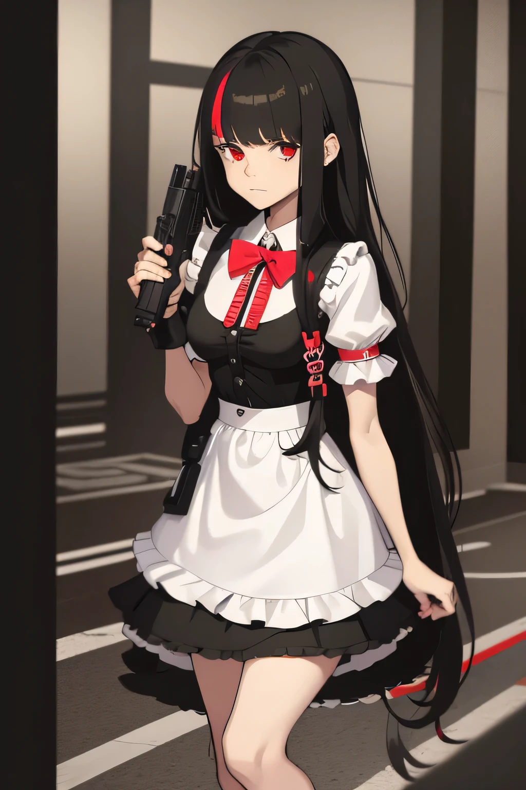 A young girl, 10-year-old, huge breasts, cute, messy black hair, long hair, red eyes, anxious expression, white frilled blouse, black frilled skirt, looking at the viewer, cyborg, cyberpunk, prosthetic arm, hacker, gun, gun holster