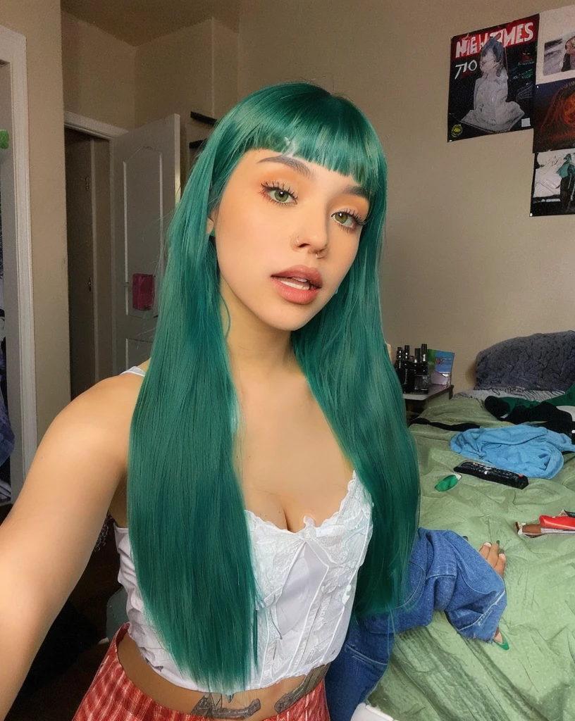 there is a woman with green hair posing for a picture, long green hair, dark green hair, green hair, long straight green black hair, bright green hair, with long turquoise hair, long hair with full bangs, with full bangs, green wavy hair, green flowing hair, teal hair, straight bangs, long hair with bangs, long straight bangs