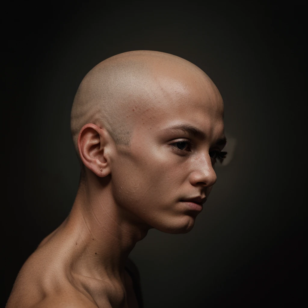 Portrait of hairless boy in profile with dark background