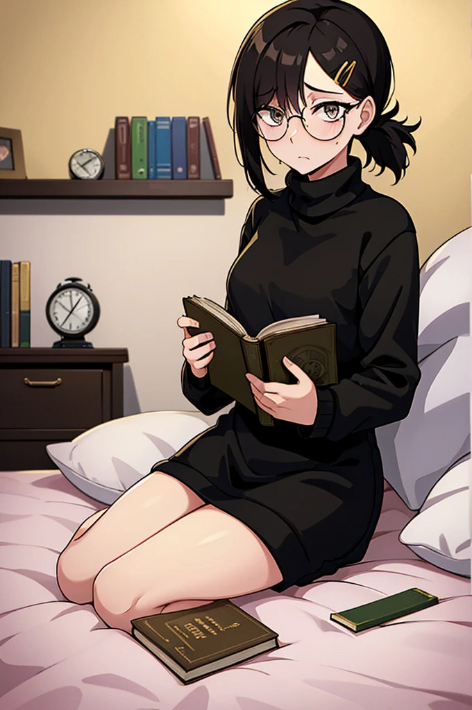 mature woman, hair over one eye, golden eyes, Tomboy, sitting on the ground, black turtleneck sweater, looking at viewer, bed, black short hair with a ponytail, books lying around, bedroom background, round glasses, bags under eyes, tired, reading a book, shy, solo