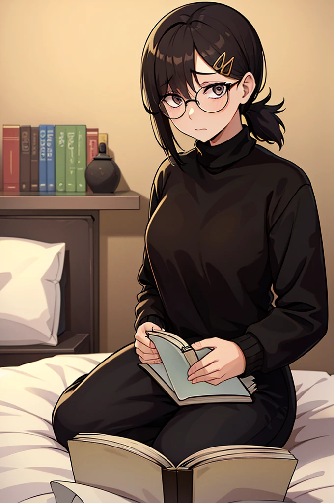 mature woman, hair over one eye, golden eyes, Tomboy, sitting on the ground, black turtleneck sweater, looking at viewer, bed, black short hair with a ponytail, books lying around, bedroom background, round glasses, bags under eyes, tired, reading a book, shy, solo