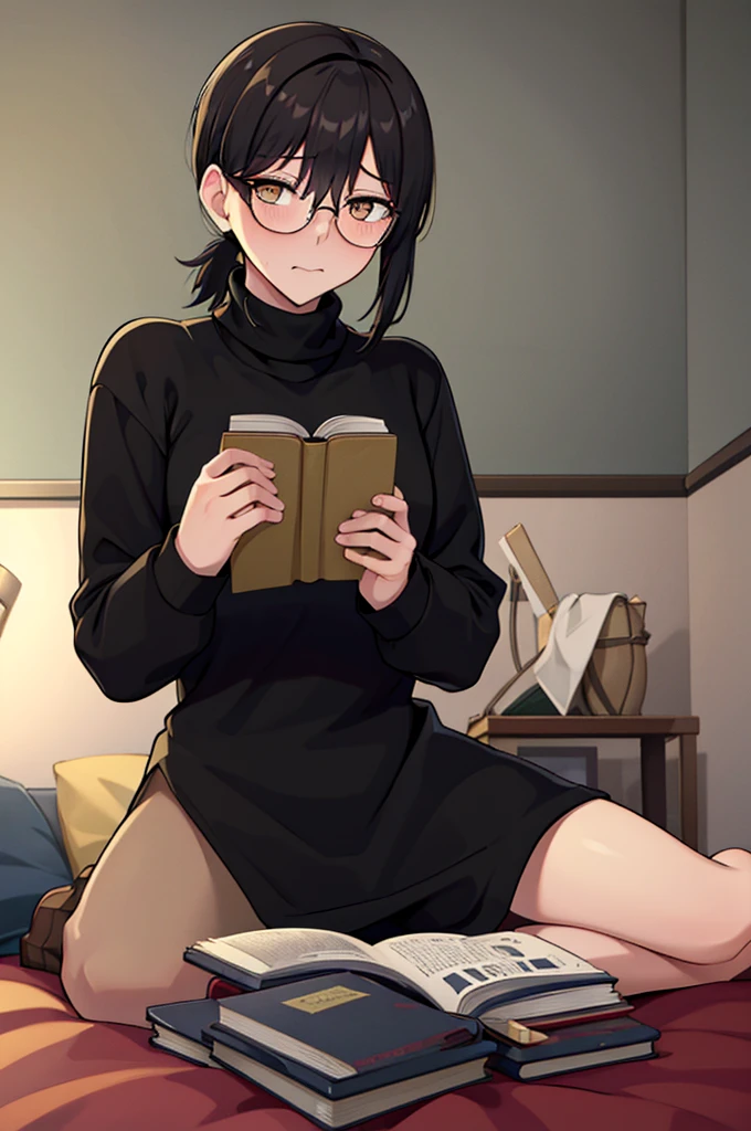 mature woman, hair over one eye, golden eyes, Tomboy, sitting on the ground, black turtleneck sweater, looking at viewer, bed, black short hair with a ponytail, books lying around, bedroom background, round glasses, bags under eyes, tired, reading a book, shy, solo