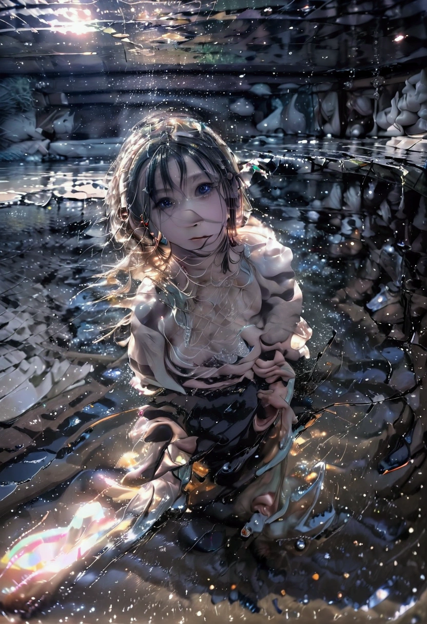 masterpiece, a cute girl fall in a river, fall_Blurry, universeの, reflection, universe, Highest quality, wallpaper, universe服, amazing, depth , nice, Complex, detailed, From the side, perspective, Movement,