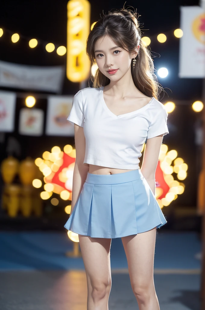 (((best quality))),(((ultra detailed))),(((masterpiece))),illustration,((a beautiful girl,solo)),(shoulder length straight hair:1.2),((slim,thin)),((small breasts,flat chest,claviclis,navel)),(blue short-sleeved white shirt:1.5),(blue mini-skirt:1.3),(slender legs:1.2),(sneakers:1.3),(standing:1.3),(arms behind back:1.3),(on the stage:1.3),((outside a shopping mall, at the entrance of a beer promotional event)),((surrounded by crowded crowds)),((hair and skirt fluttering in the air)),expressive eyes,infectious smile,the stage adorned with colorful decorations,vibrant atmosphere,(night scene:1.3),(from front:1.3),(full body:1.3),