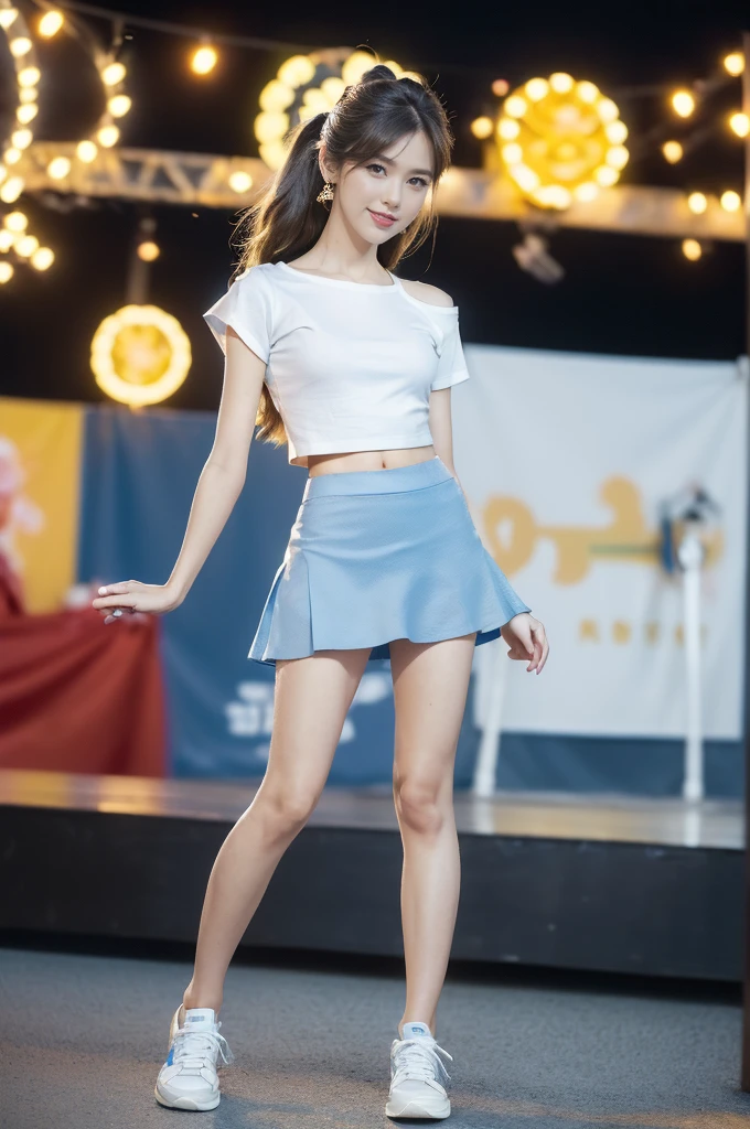 (((best quality))),(((ultra detailed))),(((masterpiece))),illustration,((a beautiful girl,solo)),(shoulder length straight hair:1.2),((slim,thin)),((small breasts,flat chest,claviclis,navel)),(blue short-sleeved white shirt:1.5),(blue mini-skirt:1.3),(slender legs:1.2),(sneakers:1.3),(standing:1.3),(arms behind back:1.3),(on the stage:1.3),((outside a shopping mall, at the entrance of a beer promotional event)),((surrounded by crowded crowds)),((hair and skirt fluttering in the air)),expressive eyes,infectious smile,the stage adorned with colorful decorations,vibrant atmosphere,(night scene:1.3),(from front:1.3),(full body:1.3),