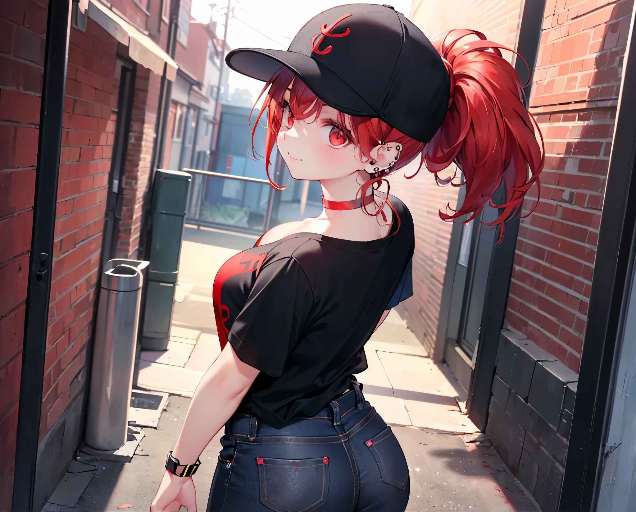 (Close-up:1.3),Realistic,Highest quality, Ultra Detail, High-quality CG rendering, The most delicate and beautiful, Floating softly, High resolution, (1 girl), (Highest quality,4K,8k,masterpiece:1.2),(All red hair:1.5), (ponytail:1.5),(Red eyes:1.5),(Slightly larger breasts:1.2), (Oversized black short sleeve t-shirt:1.3),(Black skinny jeans:1.3),(Black baseball cap:1.3),In the city,old buildings,Narrow back alley,(Turn your back to your audience:1.3),Butt,Are standing,smile,(Piercing in left ear:1.3),(Pitch black choker:1.5)