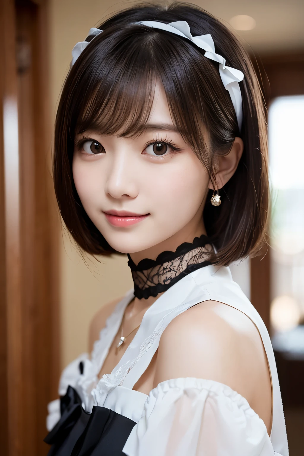 High-resolution portrait photography、メイド服を着たlikeい女性が中央に配置されており、The background has a warm blurred light.。The woman has a gentle expression、Smiling slightly at the camera、Direct gaze。She is wearing a black and white maid outfit with frills on the shoulders.、Around her neck she wears a lace choker with a small pendant.。Her hair was upstyled with a white headband.、like々She wears soft makeup that accentuates her beautiful features.。The lighting is soft and diffused.、Emphasizing the face and upper body、It creates subtle shadows to add depth.。The image is、A woman stands quietly、The photo captures her leaning forward slightly.、It emphasizes her polite and respectful attitude.。