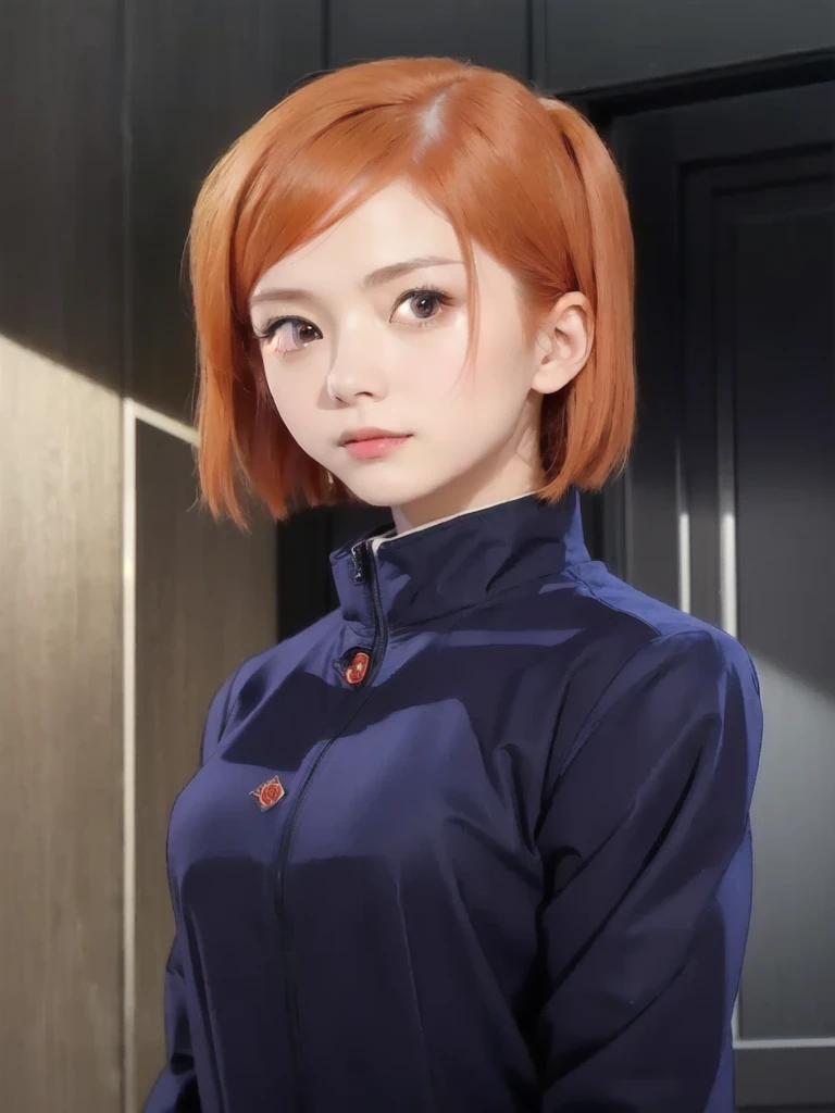 a woman in a black jacket standing in front of a door, orange hair, female realistic character, realistic visual of a young woman, female protagonist 👀 :8, nobara kugisaki, nobara kugisaki from Jujutsu Kaisen, Jujutsu Kaisen, ( ( ( nobara kugisaki ) ) ), realistic visual of a cute girl, female protagonist, realistic