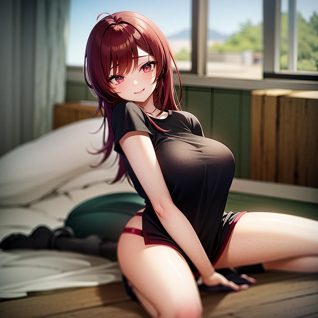 A girl with dark crimson red hair and maroon eyes with a black and red shirt that covers her whole torso and sweatpants and big breasts smiling and a background with volcanoes and fire