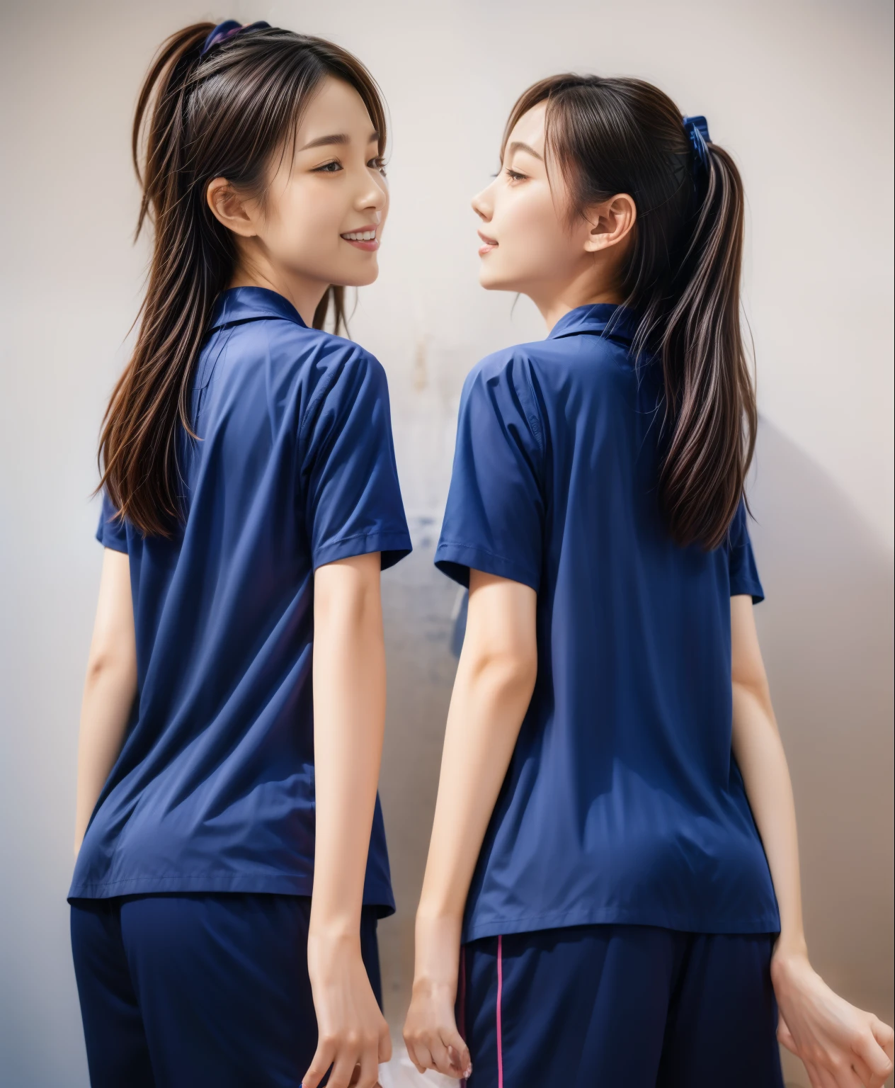 (best quality,10,10,height,Masterpiece:1.2),Special details,(realistic,ภาพrealistic,Realistic photos:1.37),1 Cute girl in the kitchen,shiny, ผิวshiny,only,smile softly,BDclothelue shirt:1.3)),short sleeve,shirt, กางเกงขาlong.,(navy_long_track pants:1.1), ((Kitchen Background)),Dynamic angle,excited,Face focus,dynamic poses,from behind,focus on ass,Masterpiece, best quality, ultra realistic, hyper detail, 8k resolution, raw photos, Sharp focus, ((Navy blue shirt:1.1)), short sleeve, เส้นทางlong, perfect body, 2 mature women, 18 years old, Cinema-grade lighting system,blue sweatpants,shirtผ้าออกกำลังกาย,correct anatomy,perfect body, correct body, Sharp face, correct bodyทางกายวิภาค, full body, realistic gestures, long-haired, realistic poses,Wear long shorts...........................,ช่วงขาlong,Good shape,carved girl, Slender figure, model, Good shape, beautiful body,blue sweatpants, two girls kissing