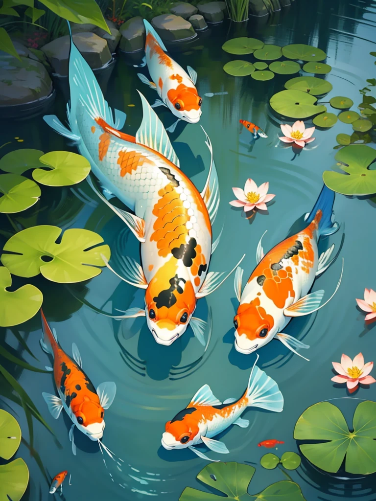 Beautiful koi and my tranquil masterpiece, Showcase the vibrant colors and graceful movements of fish in tranquil waterscapes have some flowers at lake side