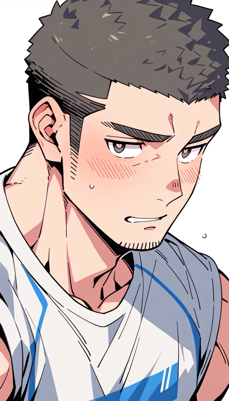 anime characters:Priapus, Muscle Sports Student, Buzz Cut, Manliness, male focus, Sports tight hooded sweatshirt, Very tight, full and perky chest muscles, muscular male, muscular, only, Upper body, alone, Red short hair, Thick eyebrows, stubble, Brown-red pupils, White background, simple background, amazing quality, best aesthetics, Ridiculous, crew cut, parted lips, flustered, endured face, shy, blush, negative space, best quality