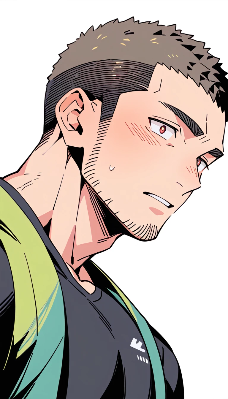 anime characters:Priapus, Muscle Sports Student, Buzz Cut, Manliness, male focus, Sports tight hooded sweatshirt, Very tight, full and perky chest muscles, muscular male, muscular, only, Upper body, alone, Red short hair, Thick eyebrows, stubble, Brown-red pupils, White background, simple background, amazing quality, best aesthetics, Ridiculous, crew cut, parted lips, flustered, endured face, shy, blush, negative space, best quality