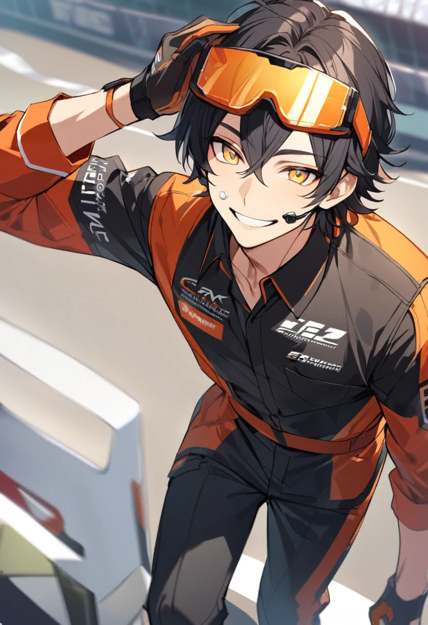 Solo, 1 male, black hair, orange highlights hairs, yellow eyes, safety glasses on the head, race engineer, black shirt, red coat, black pants, smile facial