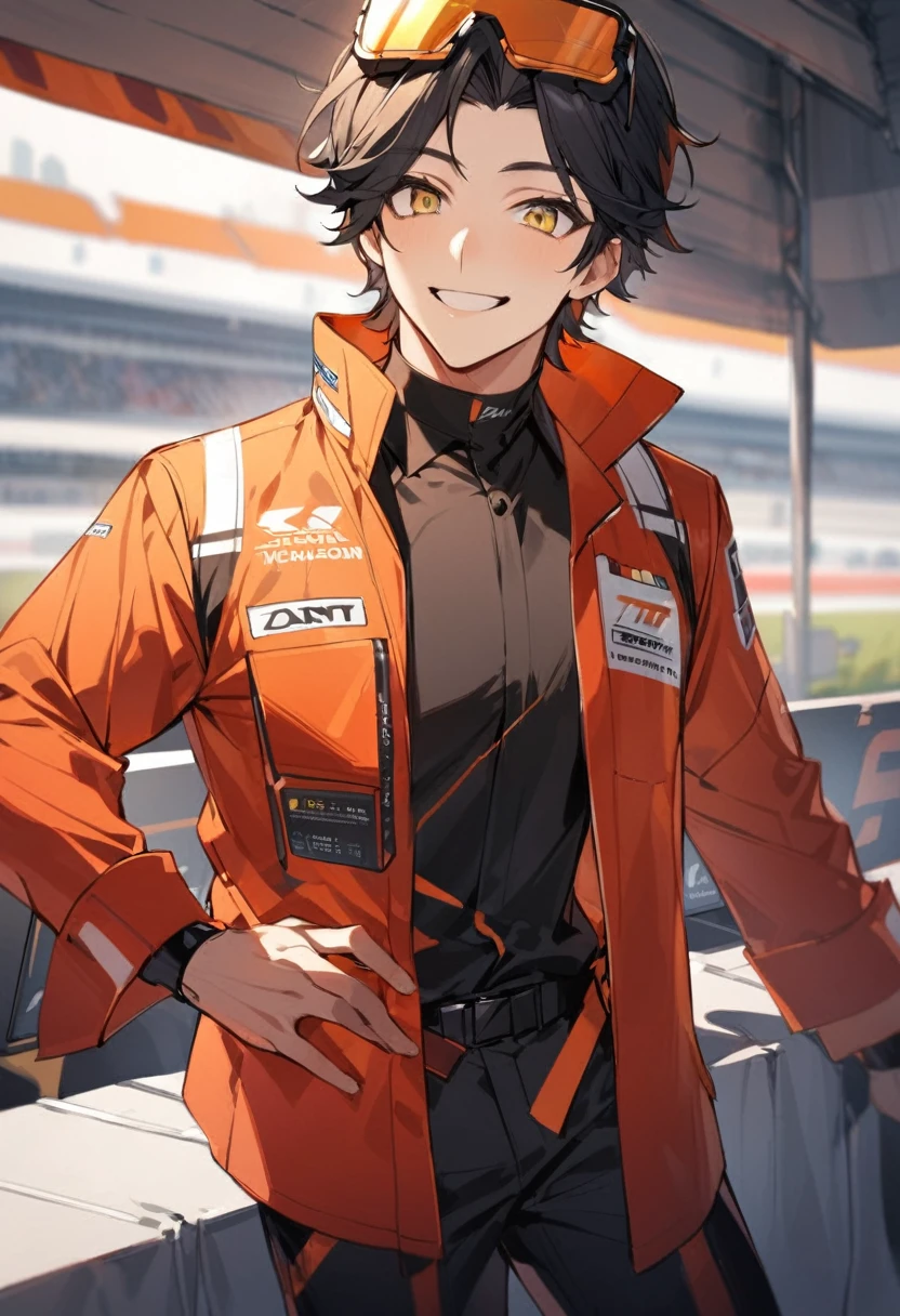 Solo, 1 male, black hair, orange highlights hairs, yellow eyes, safety glasses on the head, race engineer, black shirt, red coat, black pants, smile facial