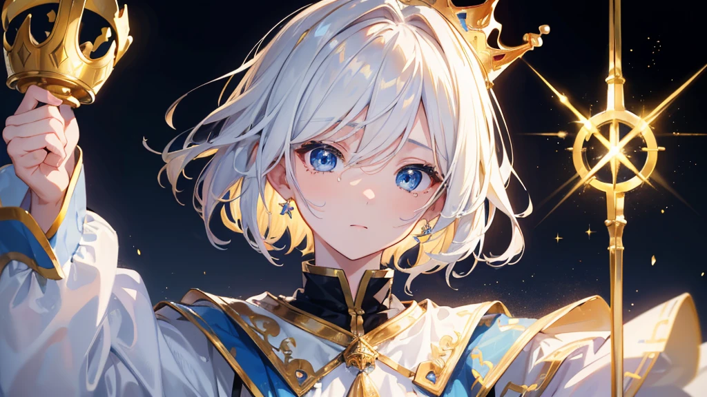 (Highest quality)　(4K)　(8k)　(High resolution)　(masterpiece:1.2)　(Super detailed)　One boy　short hair　Wizard　Blue Eyes　Long sleeve　Golden decoration　Hair between the eyes　White Dress　Wavy golden hair　Upper Body　(large crown)　(White Background)　profile　Face close-up　Are crying