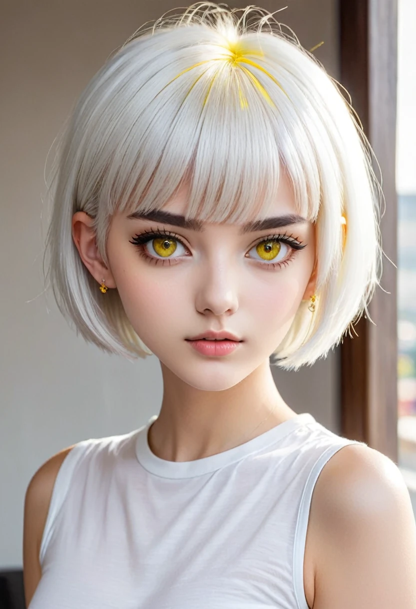 Girl with white short hair. The sides are shaved and the bangs are combed back. She has yellow eyes and a beautiful face and a tall. She is 20