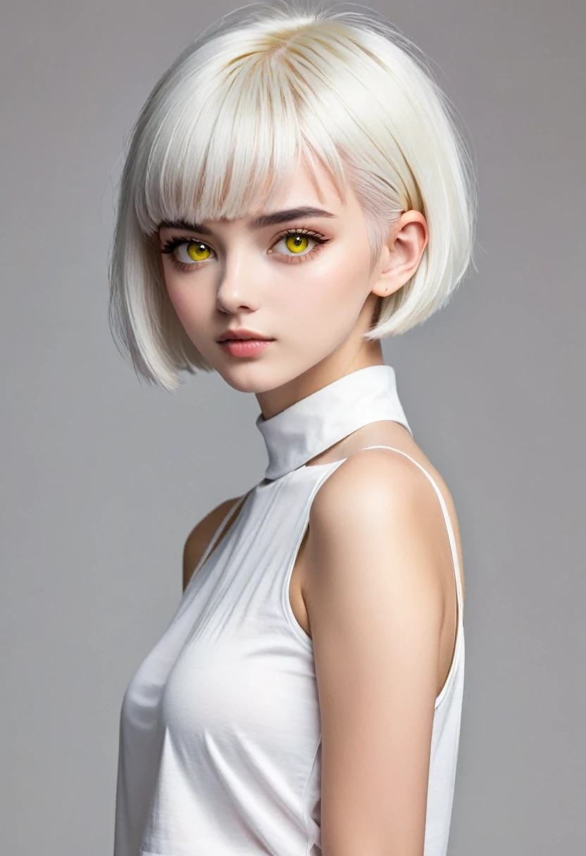 Girl with white short hair. The sides are shaved and the bangs are combed back. She has yellow eyes and a beautiful face and a tall. She is 20