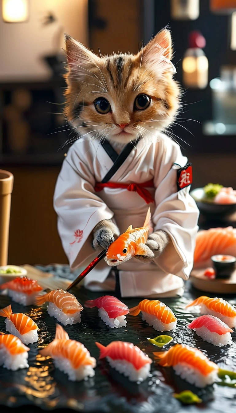 Great quality, Super detailed,
Japanese sushi chef kitten making fish sushi by hand, View sushi,
Very detailed,