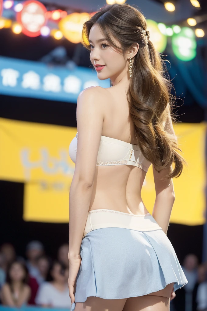 (((best quality))),(((ultra detailed))),(((masterpiece))),illustration,((a beautiful girl,solo)),(shoulder length straight hair:1.2),((slim,thin)),(bare back:1.5),((towering hips,butt crack)),(strapless white bra:1.5),(blue mini-skirt:1.3),(slender legs:1.2),(sneakers:1.3),(standing:1.3),(on the stage:1.3),((outside a shopping mall, at the entrance of a beer promotional event)),((surrounded by crowded crowds)),((hair and skirt fluttering in the air)),expressive eyes,infectious smile,the stage adorned with colorful decorations,vibrant atmosphere,(night scene:1.3),(from back:1.3),(upper body:1.3),