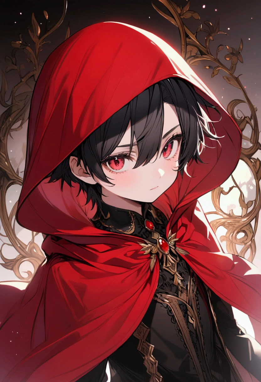 Little Red Riding Hood boy Black Hair Shortcuts Wearing a red hood Young
