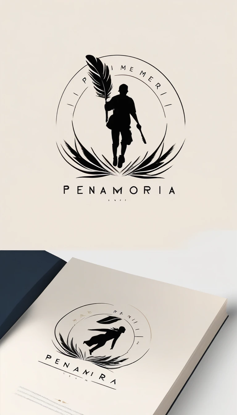 A minimal, modern, simple, cinematic, minimalistic logo design for the brand “Penamemoria". The logo design must be a simple, magical feather and a boy running and holding an acoustic guitar. The logo must convey a sense of music, stories and dreams. Logo design impressed on a book cover. Minimalistic logo