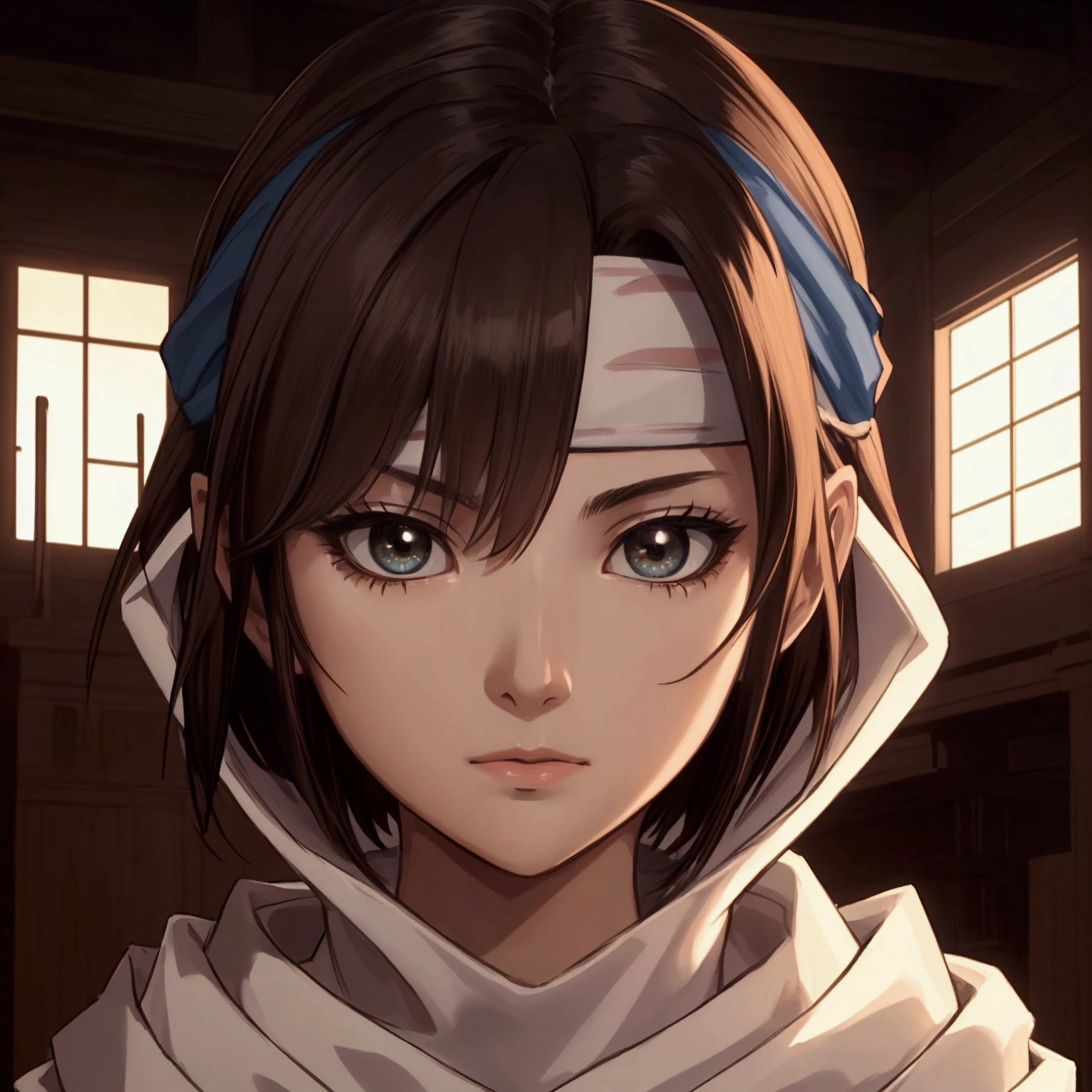 masterpiece), best quality, high resolution Mikoto Misaka Character1girl bob cut medium hair standing alone cowl headband profile image looking at viewer beautiful eyes beautiful face extremely detailed