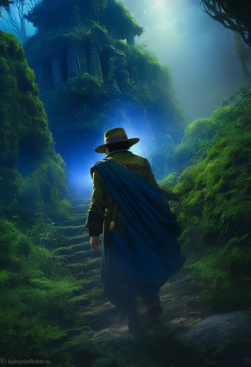 Close-up of a man in the foreground(Half-length back view close-up) Back view of explorer wearing khaki adventure suit and hat (sideways dynamics) Standing in the mossy forest dark blue light very dense very dense bushes in the bushes there are ancient temple building ruins hidden in the depths mist filled ethereal mist shadows and glow,Very dense vines(The middle emits blue light), nice images, high detail 體積光 生物發光 風格複雜藝術作品 大景深 電影化處理, Realistic magical fantasy scene highly detailed structure surreal, Digital art, high detail, HD
                    