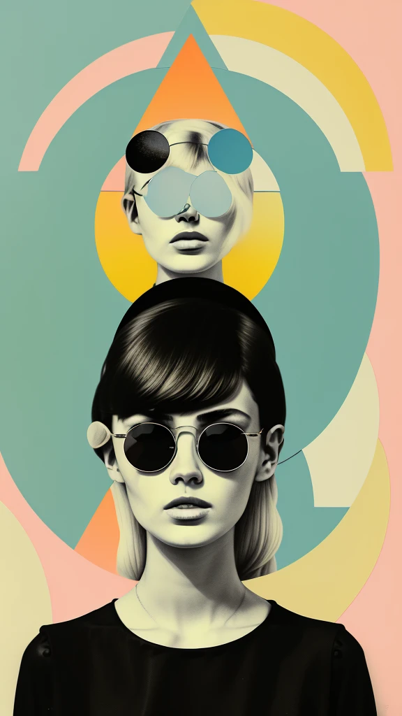 There is a triangle and a crescent moon above his head.、Single blonde European woman wearing sunglasses with green circles on light blue background、One female