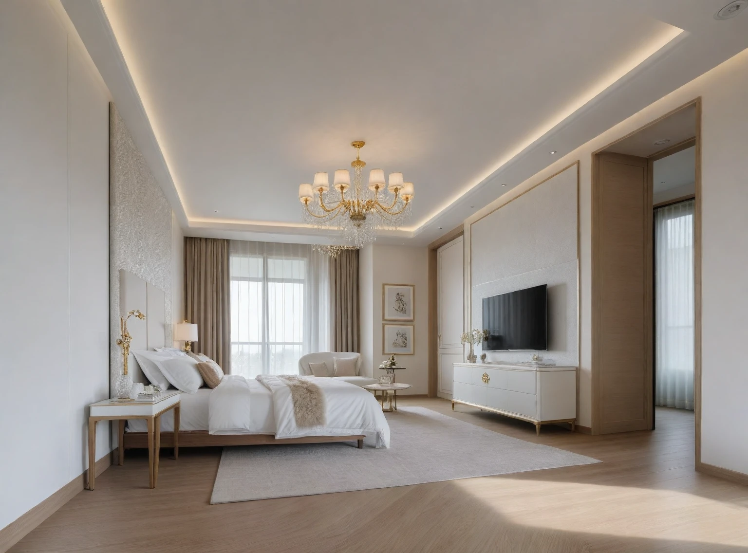 ,Masterpiece, Best quality,8K, Ultra-high resolution,When you step into the ((( bedroom : 1.3 ))) ,Immediately surrounded by a rich atmosphere of luxury. The space was covered with a soft white fluffy blanket,It is so comfortable,So much so that you can't help but indulge in it。Embellished with precious porcelain and white-off gold ornaments。Whenever it is late afternoon,The afterglow from the window spilled on the floor,Soft light and shadow are reflected,It was as if entering a dreamland. ((Wooden chair and table : 1.3)),