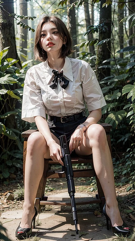 Wearing a white shirt,Red miniskirt,Close-up shot of short-haired teenage girl in black high heels holding gun and shooting in forest,Full body close-up