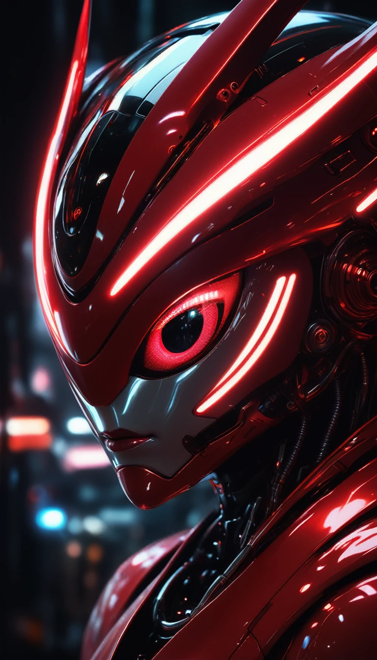 A close-up of a menacing red robotic creature, its glowing white eyes piercing through the darkness, a sense of power and anticipation radiating from its sleek, metallic form. [Digital art, cyberpunk style, inspired by Syd Mead and Beeple], [High contrast, sharp focus, metallic textures, dark background with scattered neon lights, glowing effects on the eyes and metallic surfaces]