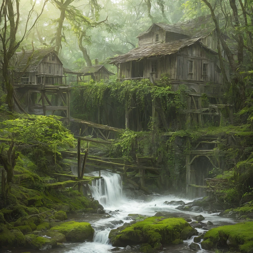 A ruined old watermill on the river bank, dilapidated wooden structure, overgrown with moss and vines, sunlight filtering through the trees, atmospheric moody lighting, detailed weathered textures, serene calm landscape, (best quality,4k,8k,highres,masterpiece:1.2),ultra-detailed,(realistic,photorealistic,photo-realistic:1.37),landscape,cinematic,dramatic lighting,muted color palette,moody,overgrown,atmospheric
